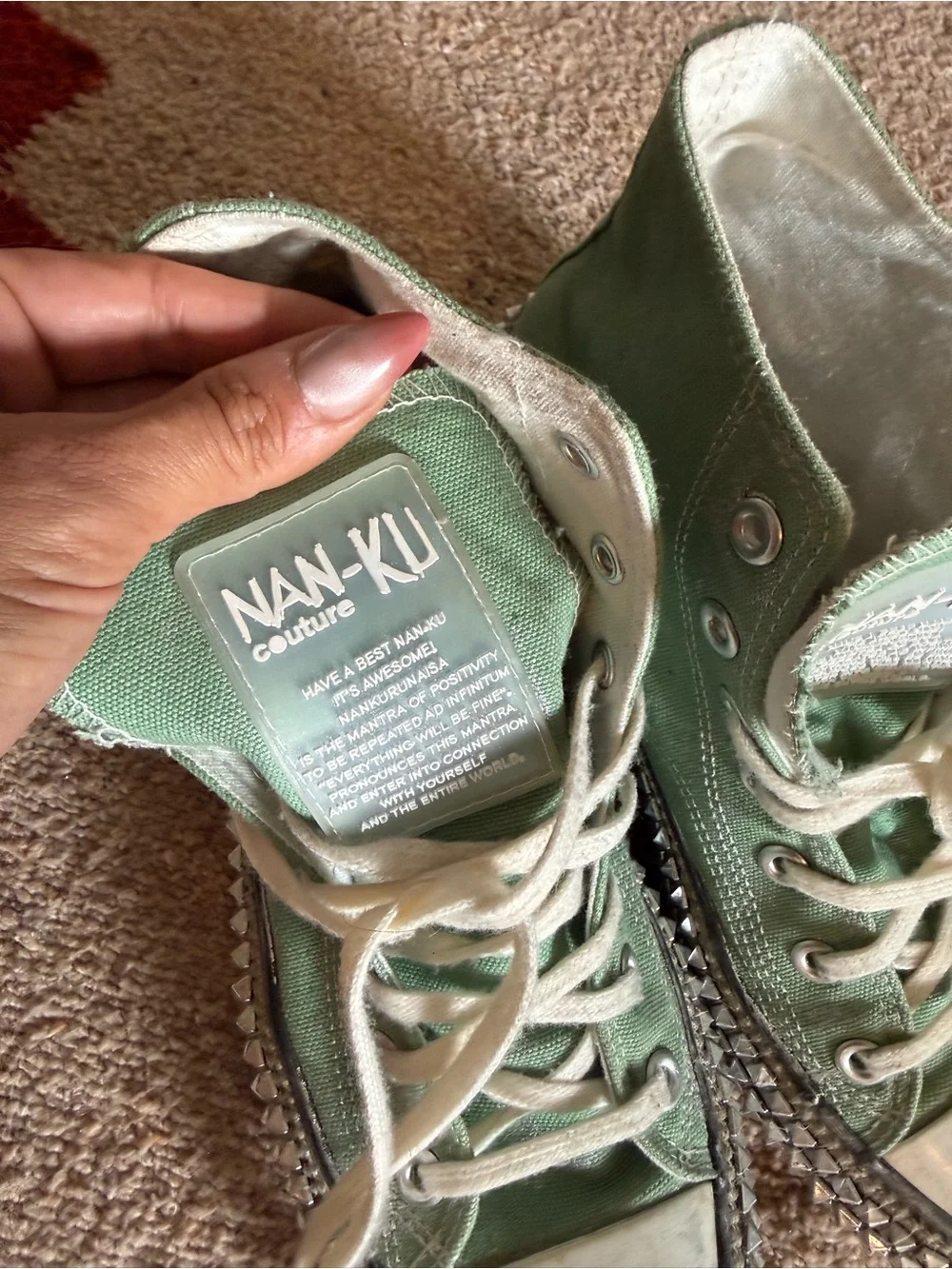 NAN-KU Green Canvas High-Top Studded Platform Sneakers